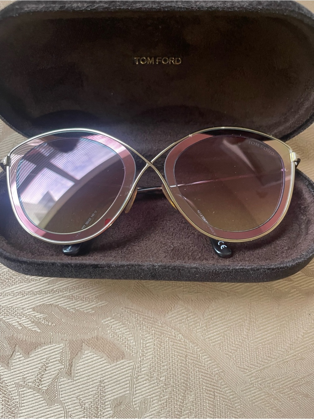 Tom Ford Gold-Trim Cat Eye Sunglasses with Pink Gradient Lenses